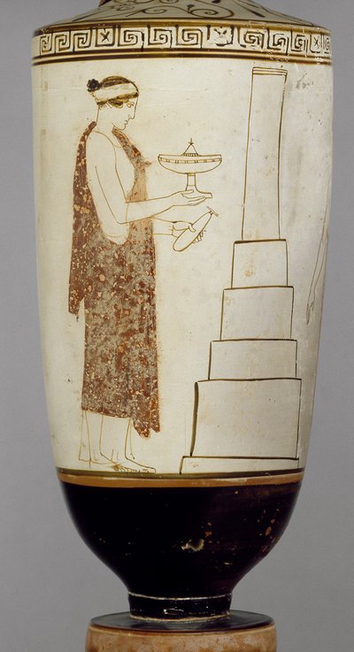 Attic White-Ground Lekythos Showing a Woman and Youth at a Tomb by Greek